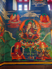 Ancient thangka or mural wall painting of Padmasambhava or Guru Rinpoche, the founder of Tibetan Buddhism. Painting is on the wall of Maitreya shrine, Tsemo fort, Leh Ladakh.  