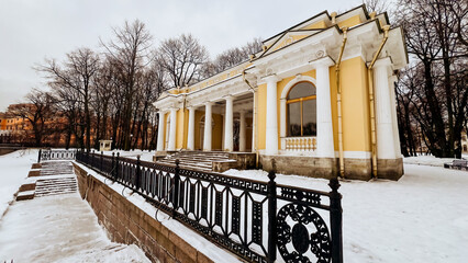 Travel Saint-Petersburg Russia in winter. Rotund in classical style architecture. Rotunde in park....