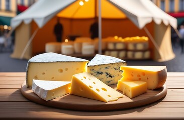 Different kinds of cheeses on wooden round board, sun is shining on street background