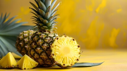 Fresh pineapple and slices on a yellow background. vibrant tropical fruit display. healthy eating concept. AI