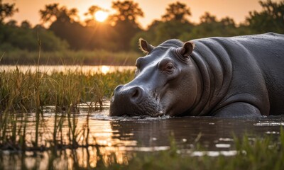 Sunset Serenity: African Hippos in Their Untouched Savannah Lakeside Sanctuary