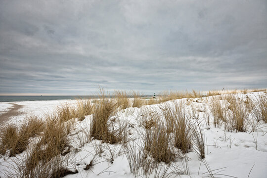 Landscape of Baltic Sea coast in winter withe snow and grass.