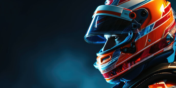 Profile view of a racing driver wearing a helmet with vibrant red and blue designs, set against a dark and moody backdrop.