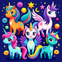 Seamless pattern with cute unicorns, clouds and stars. Vector graphics
