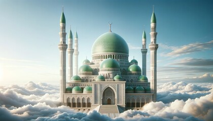 a domed mosque rising above fluffy white clouds against a clear blue sky