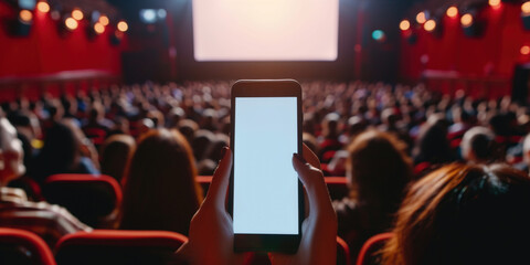 Movies entertainment advert advertisement concept. Mockup image of a person holding and showing white mobile phone with blank black desktop screen to someone red cinema seats on background