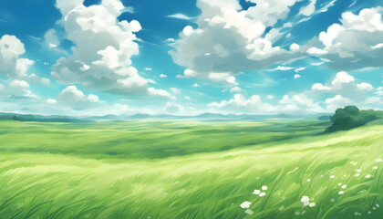 Fototapeta na wymiar Idyllic Anime Landscape: Grassy Fields and Summer Blue Sky