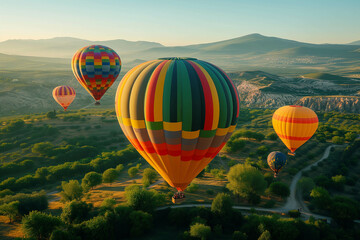 Fototapeta premium Balloons floating in the sky amidst the beautiful green meadows below.