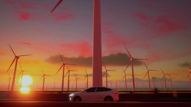 3D Render Of Generic Electric Car Drives On A Highway With Wind Turbines In The Background At Sunset. Realistic 3D Animation
