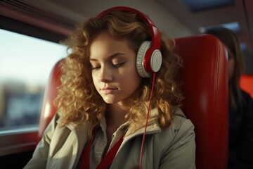 Fototapeta na wymiar Young woman enjoying music with headphones on train journey