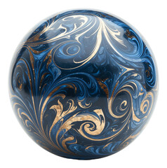 A shiny bowling ball that's deep blue with swirls.