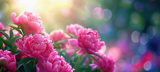 Peonies on soft, dreamy background copy space. Spring summer banner