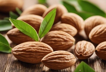 Close-up of almonds with leaves isolated on white background