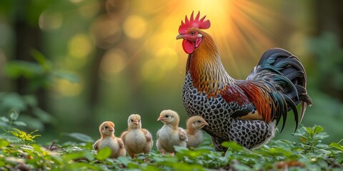 Unlikely Family: A Hen and Her Adopted Ducklings Enjoying the Warmth of a Sunlit Pastoral Scene, Exemplifying Motherly Love Across Species, Generative AI