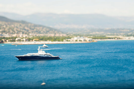 Elevated perspective of privat yacht in the Mediterranean Ocean. Cannes, France