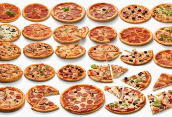 Fototapeta na wymiar Large collection of various pizza slices isolated on white background