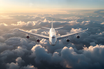 Traveling ad. A plane above the clouds. Tourism. Blue sky, white clouds and boeing plane