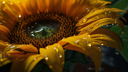 close-up images of individual sunflower petals adorned with morning dew