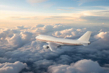 Traveling ad. A plane above the clouds. Tourism. Blue sky, white clouds and boeing plane