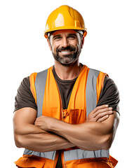 Closeup portrait of a construction worker, isolated, transparent PNG Background