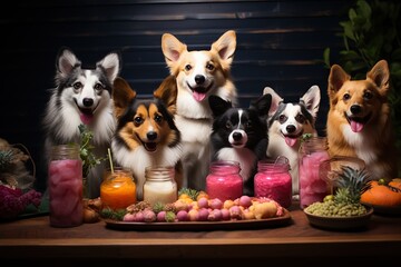 Group of happy corgis with jars of preserved food and fresh vegetables on a rustic wooden table