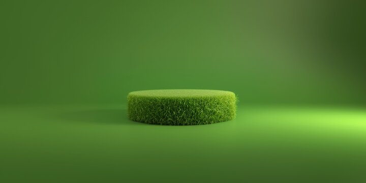 3D Grass Podium Isolated On Green Background, Creating A Lively Stage For Nature. Сoncept Nature Stage, 3D Grass Podium, Green Background, Lively Set Design