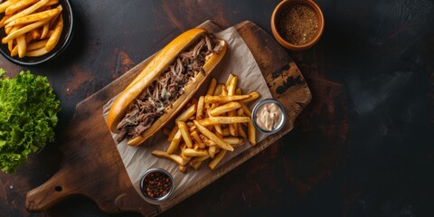 A Classic Philly Cheesesteak Sandwich Paired With Crispy Golden French Fries. Сoncept Philly Cheesesteak, Golden French Fries, Classic Sandwich, Crispy Delights