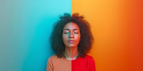Portraying The Emotions Of A Woman With Bipolar Disorder In Vibrant Colors. Сoncept Mental Health Awareness, Bipolar Disorder, Emotional Portraits, Vibrant Colors, Personal Expression - obrazy, fototapety, plakaty