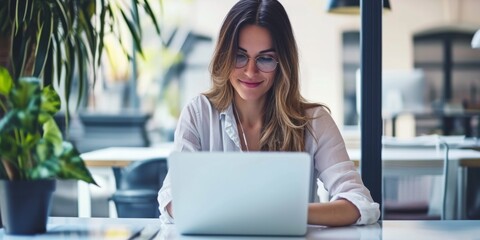A Confident Female Professional Joyfully Working On Her Laptop In Her Office. Сoncept Confident Working Woman, Office Productivity, Laptop In Office, Professional Workplace, Joyful Work
