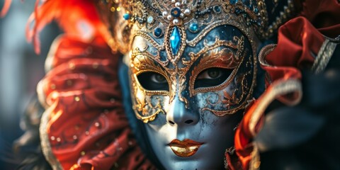 The Intriguing Addition Of A Festive Venetian Mask Heightens The Enigma Of A Carnival Celebration. Сoncept Carnival Celebrations, Festive Venetian Mask, Enigmatic Atmosphere