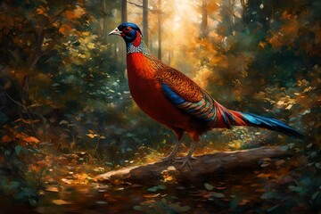 A serene countryside setting reveals a magnificent pheasant in perfect lighting, showcasing its vivid plumage and distinctive features. 