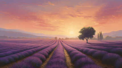 Capture the enchanting beauty of lavender fields bathed in the soft glow of twilight