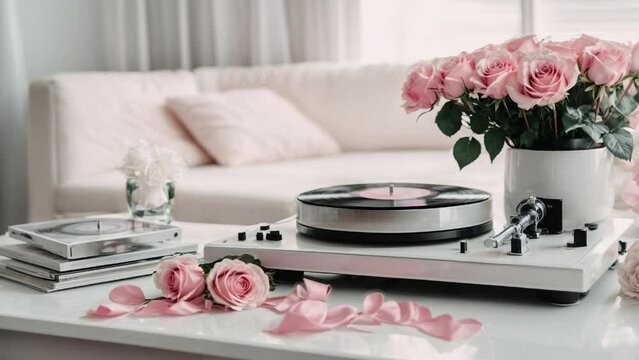 Shiny silver vintage white vinyl player near bouquet of nude pink roses.70s, 80s, 90s concept.Retro pop.Beauty, Fashion,Nostalgie. 4K video. Generative AI