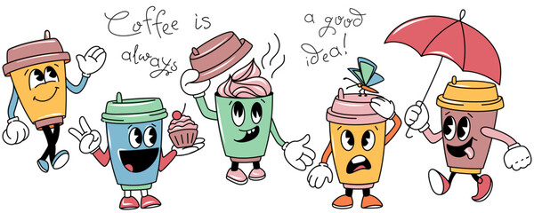 Set of vintage groovy characters, walking Coffee Cup and text Coffee is always a good idea