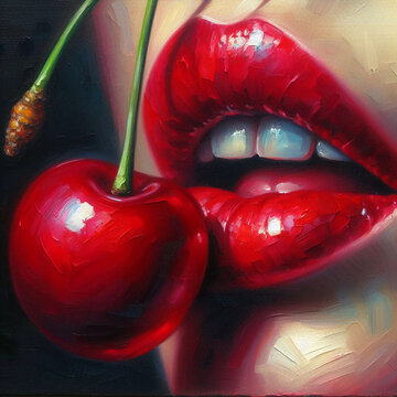 A picture with red lips eating a cherry.	