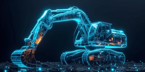 Revolutionary Excavator Blueprint Featuring Futuristic Neon Hologram For Optimal Business Finance. Сoncept Smart Home Technology, Sustainable Energy Solutions, Virtual Reality Gaming - obrazy, fototapety, plakaty