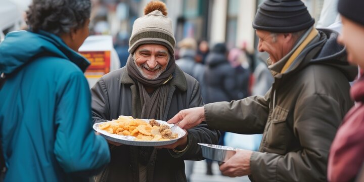 A Heartwarming Image Of Volunteers Offering Food To A Homeless Individual. Сoncept Humanitarian Aid, Compassionate Acts, Empathy, Giving Back, Helping Hands