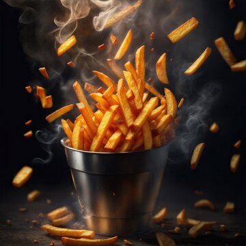 French fries falling with smoke food photography