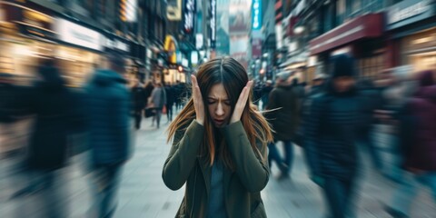 Woman's Panic Attack Unfolds Amidst Busy City Street. Сoncept Self-Care Tips, Coping With Anxiety, Overcoming Panic Attacks, Mental Health Support - obrazy, fototapety, plakaty