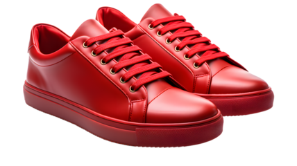 Pair of red leather shoes, red sneakers, isolated,  transparent PNG Background