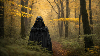 mysterious person with a dark hood and glowing eyes stands in the forest