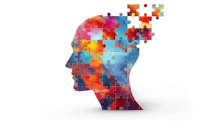 A conceptual image depicting a human head in profile view, seamlessly integrated with jigsaw puzzle pieces, symbolizing cognitive psychology, mental health, problem-solving, and brain function.