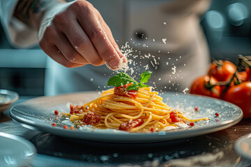 Chef hand decorated a pasta dish generative ai  - obrazy, fototapety, plakaty
