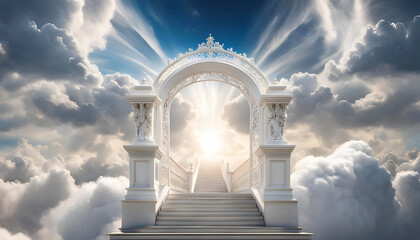 the dazzling white gates of heaven (paradise), to which a staircase rises into the sky, the road to the gates of paradise, - obrazy, fototapety, plakaty