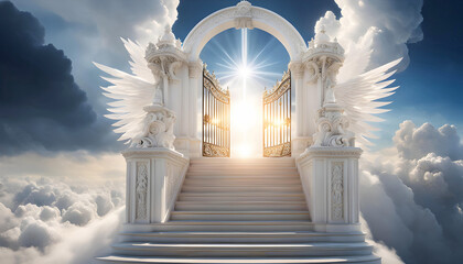 the dazzling white gates of heaven (paradise), to which a staircase rises into the sky, the road to the gates of paradise, - Powered by Adobe