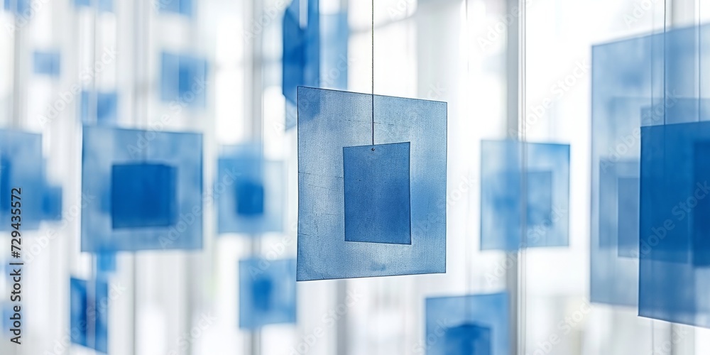 Poster Floating Blue Squares: An Artistic Installation of Geometric Shapes Creating a Sense of Serenity and Modern Aesthetic, Generative AI
