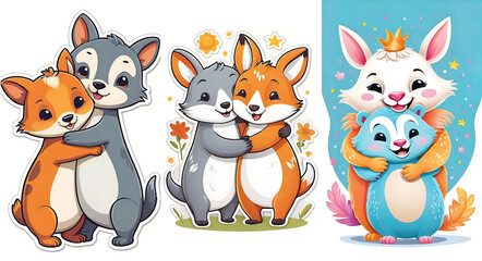 Fototapeta premium vector illustration, two funny hugging animals surrounded by hearts and decorations, congratulations from friends, children's drawing,