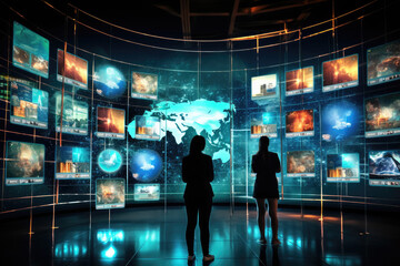 A  group of people standing in front of multiple monitors in a room with multiple screens on the wall 