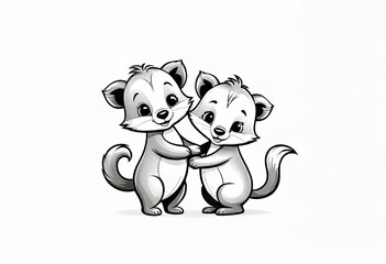 vector illustration, two funny hugging animals surrounded by hearts and decorations, congratulations from friends, children's drawing,