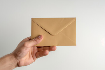 A hand holding a small, rectangular, brown envelope against a white background.